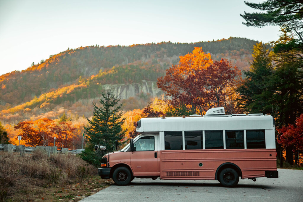 Kalen’s current tiny home is a 23-foot retired school bus, pictured here on a road trip to the White Mountains of New Hampshire.